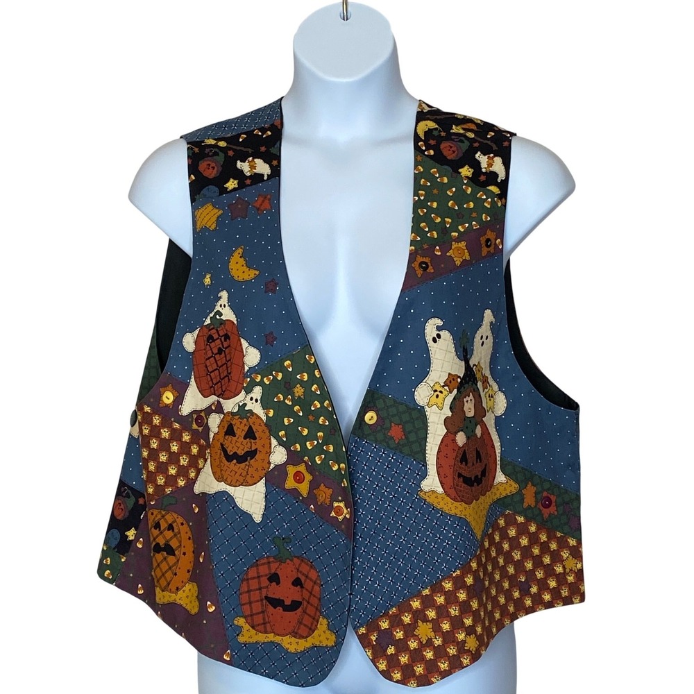 Womens Halloween Vest L/XL Witches Pumpkins Patchwork Folk Art Whimsical Fall